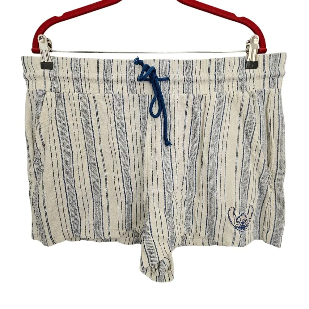 Disney Stitch Blue White Striped Linen Drawstring Shorts  Size XL